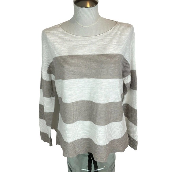 Eileen Fisher Bateau Neck Organic Cotton Linen Boxy Striped Sweater Top Sz PM - Picture 3 of 10